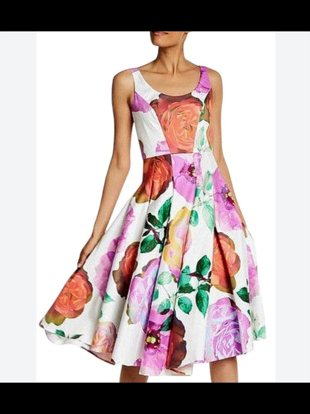 Calvin Klein Floral Fit-and-Flare Midi Dress - White with Pink & Green